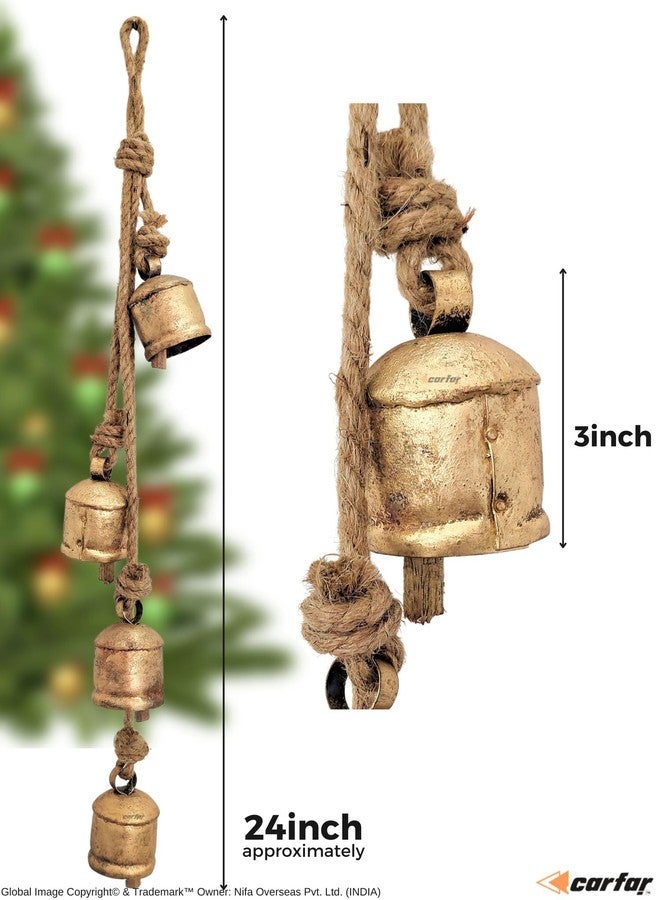 Carfar Set of 4 Small Rustic Gold Cow Bells - Cluster Hanging Décor with Jute Rope for Farmhouse, Garden, and Holiday Decorations-3 Inches - Image 3